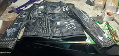 Men's Black Leather Jacket with Silver Studs, Patches of Boots, Fish, Guitar, Stars & More | Stylish Western-Inspired Steam Punk Rockers Men