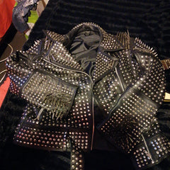 Rockers Mens Full Brown Punk Silver Long Spiked Studded Leather Brando Jacket