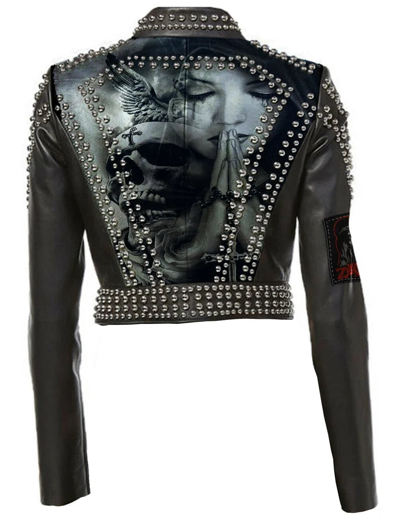 Women’s Gothic Party Jacket – Specimen Batastrophe, Rob Zombie & Misfits Patches, Steampunk Studded Leather Moto Fit