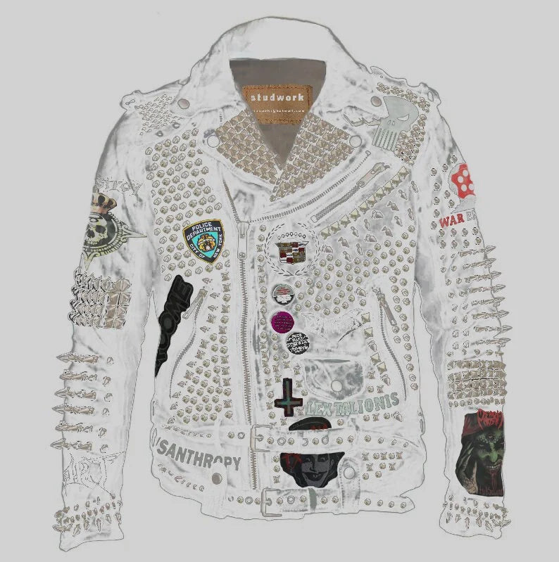 White Leather Cow Skin Punk Rock, Urban Metal Head Spiked, Mooca Caboel Waist Belted Men, Customize Gothic Outer Wear, Brando Jacket,
