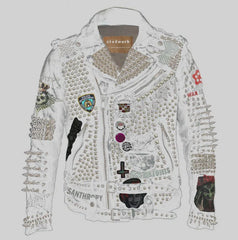 White Leather Cow Skin Punk Rock, Urban Metal Head Spiked, Mooca Caboel Waist Belted Men, Customize Gothic Outer Wear, Brando Jacket,