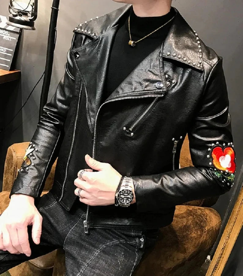 Brando Style Patches Leather Jacket Men, Black Fashion Outer Wear Studded, Sakata Butterfly Patch, Customize Biker's Punk Jacket,