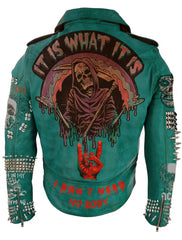 Green Studded Leather Women, Punk studded leather Jacket Handmade with Cow Leather, Pins and Patches Studded Leather Club Wears Jacket,