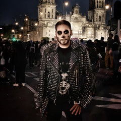 Relentless Black Leather Jacket, Heavy Metal Steampunk Gun Spikes Studs, Brando Collar & Waist Belted