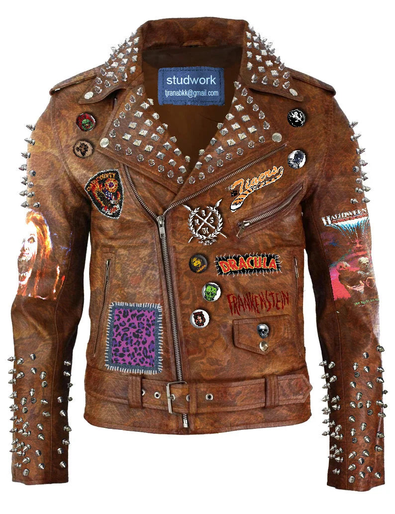 Tiger Print Cow Skin Leather, Brando Fashion Brown Clothing, Spikes Badges Jacket, Steampunk Silver Studs, Werewolf Curse Rivets Outfit,