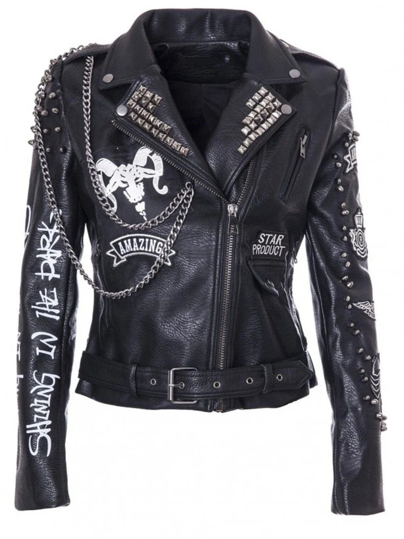 Gothic Punk Leather Jacket – Scorpion Patch, Shoulder Epaulettes & Belted Waist, Studded Moto Fit for Women