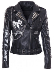 Gothic Punk Leather Jacket – Scorpion Patch, Shoulder Epaulettes & Belted Waist, Studded Moto Fit for Women