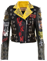 Biker's Silver Spiked Studded, Women's Club Wear Gothic Jacket, Cannibal Corpse Handmade Leather Outfit, Tombstone Patches Brando Jacket,