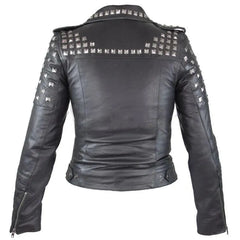 Custom Made Women’s Black Leather Jacket with Silver Pyramid Studs