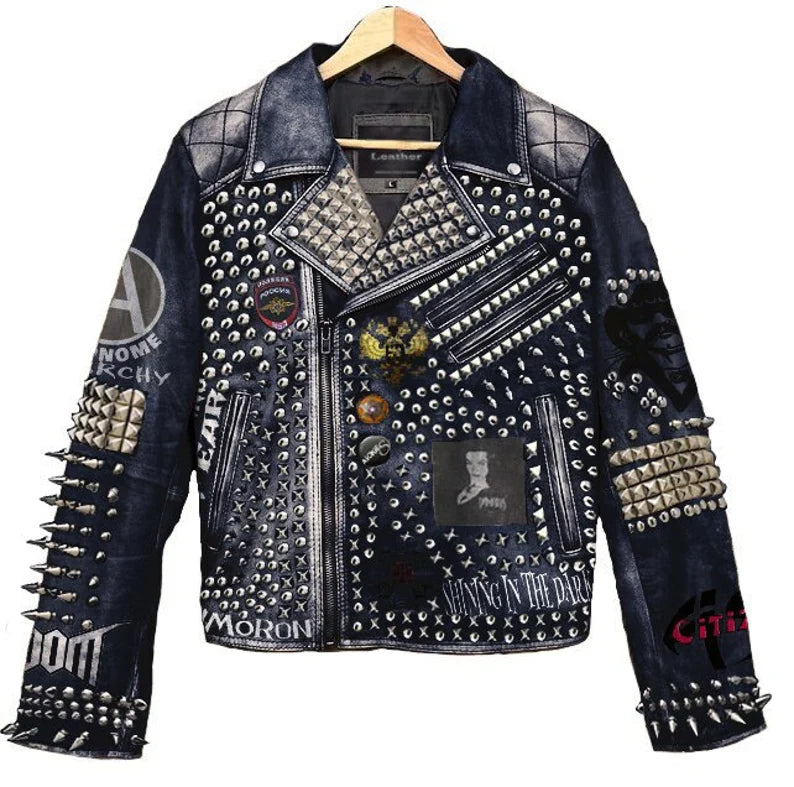 Heavy Studded Lemmy Punk Wear, Men's personalized Denim Patches Jacket, Oxymoron Gothic Jeans For Men, Biker's Wear Vampira Jacket,