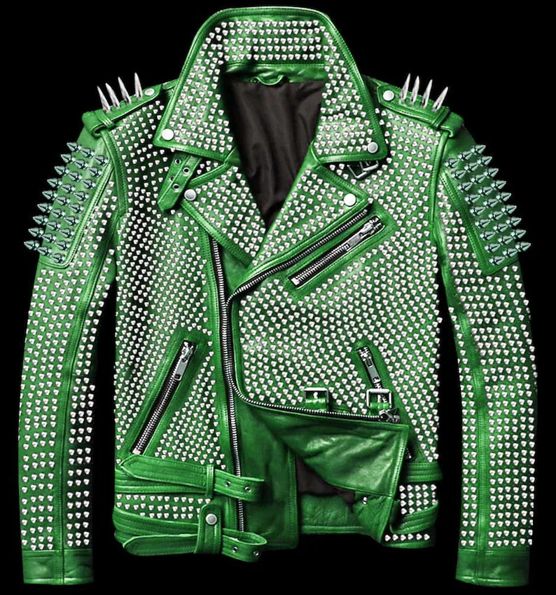 Men Green Full Silver Studded Brando Biker Genuine Leather Belted Jacket