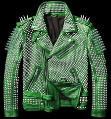 Men Green Full Silver Studded Brando Biker Genuine Leather Belted Jacket