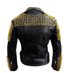 Handmade Bomber Leather Jacket, Women Fashion Jacket, Heavy Metal Studs Jacket, Personalized Golden Studded Jacket, Spiked Fashion Jacket,