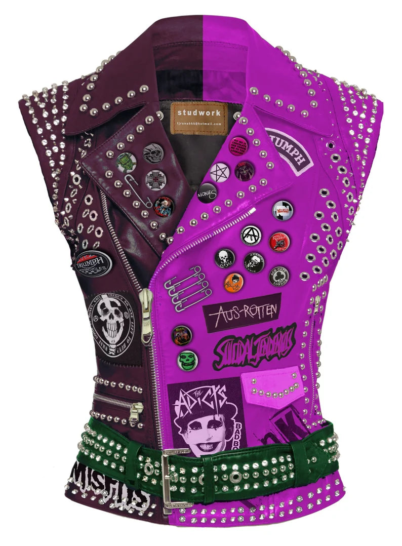 Two Tone Heavy Spiked Punk Rock, Aus Rotten Women's Handmade Vest, Brando Sleeveless Jacket, The Adicts Outfit, Leather Misfit Club Wear,