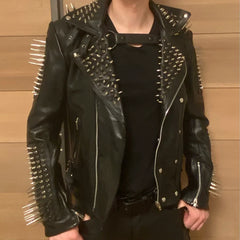 HANDMADE Mens Full Black Punk Silver Long Spiked Studded Leather Buttons Up Jacket Silver Studs and Spikes Black Leather Made to Orders