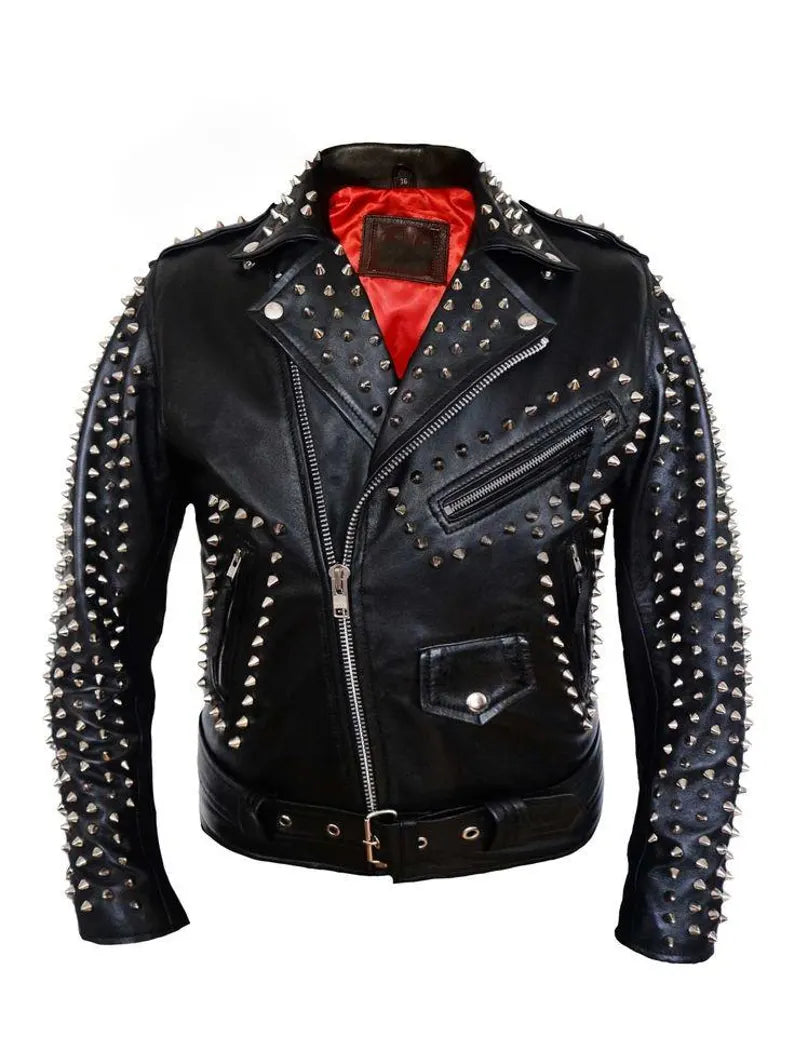 Men’s Black Cowhide Leather Jacket Punk Rock Biker Style with Cone Spikes & Johnny Stud Design