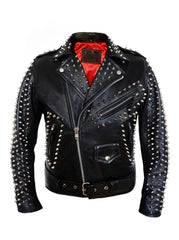 Men’s Black Cowhide Leather Jacket Punk Rock Biker Style with Cone Spikes & Johnny Stud Design