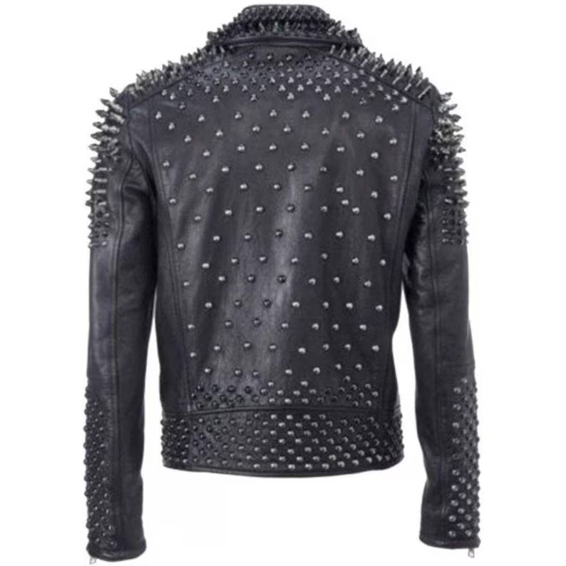 Handmade Silver Biker Brando Mens Punk Biker Full Black Silver Studded Biker Leather Jacket