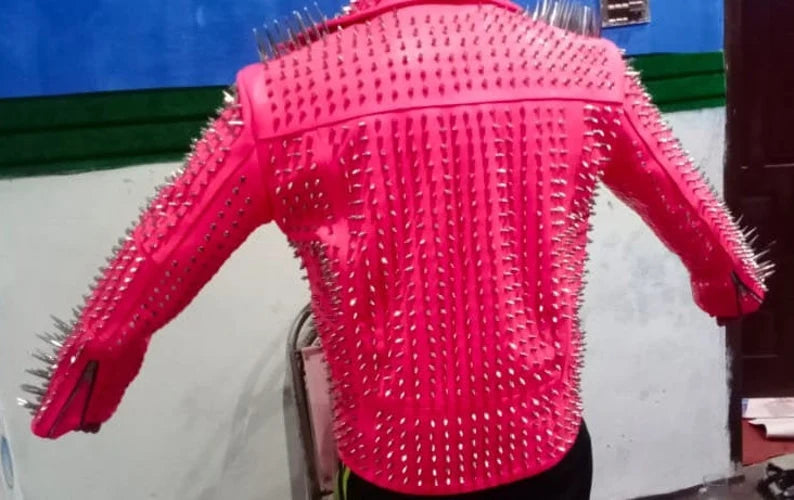 Women's Full Spiked Punk, Silver Long Spike Studded, Pink Brando Clothing, Bikers Outfit Steampunk, Handmade Cowhide Leather Jacket,
