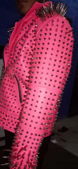 Men's Full SPIKED Punk Silver Long Spike Studded PINK Leather Brando Jacket