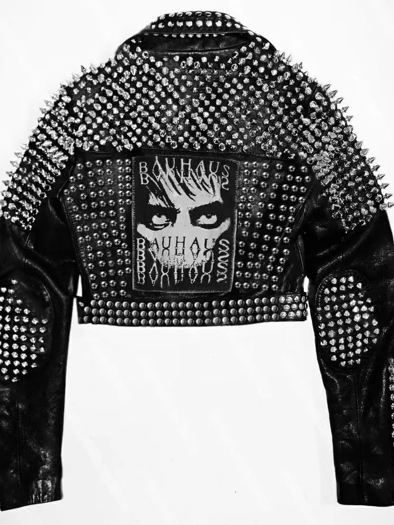 Patches Leather Men's Outfit, Handcrafted Steampunk Spiked, Bauhaus Motorbike Gothic Jacket, Rivets Studs Fashion, Brando Belted Wear,