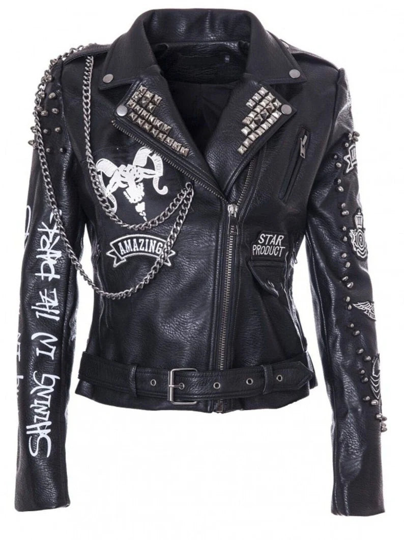 Gothic Punk Leather Jacket – Scorpion Patch, Shoulder Epaulettes & Belted Waist, Studded Moto Fit for Women