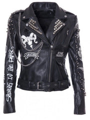 Gothic Punk Leather Jacket – Scorpion Patch, Shoulder Epaulettes & Belted Waist, Studded Moto Fit for Women