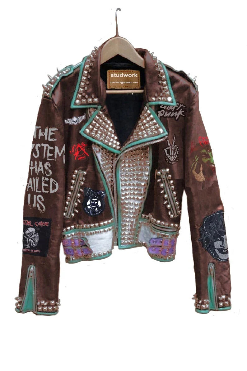 Men's Multicolor Studded Leather Jacket, Pyramid Studded Collar, Men's Brando Cow Leather Jacket, Spiked and Studs Patches Jacket Leathers
