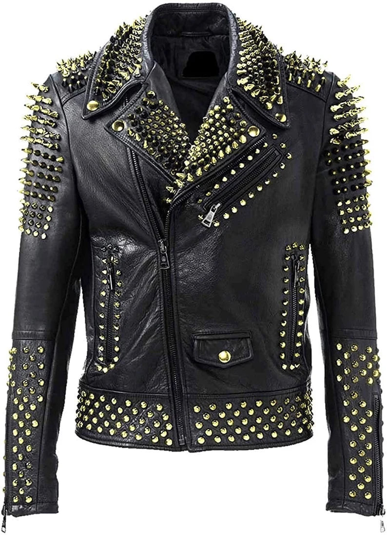 Men Golden Biker Brando Punk Biker Full Black Gold Studded Biker Leather Jacket
