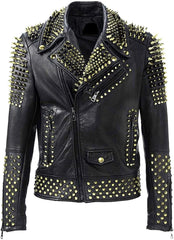 Men Golden Biker Brando Punk Biker Full Black Gold Studded Biker Leather Jacket