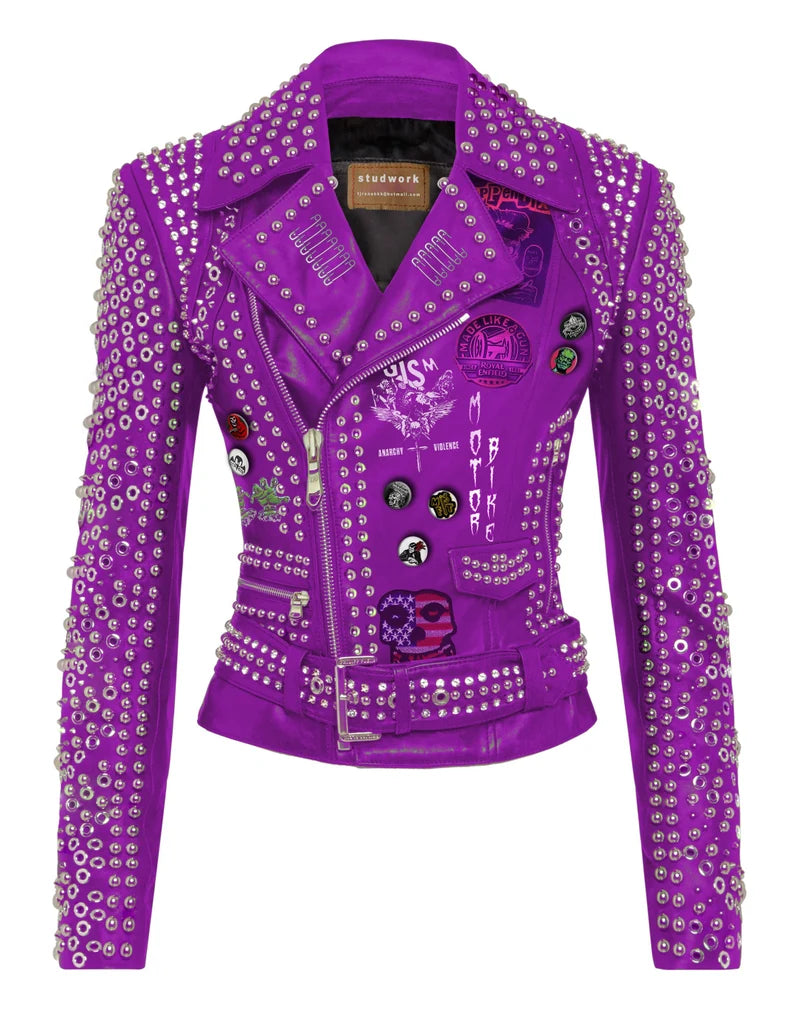 Biker's GISM Studded Fashion Leather, Women's Misfit Punk Rock Appendix Patches Jacket, Motorbike Club Wear, Personalized Jacket,