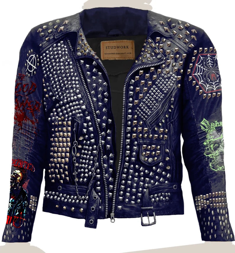 Spider Men Studded Leather Jacket, Steampunk Studded Men's Handmade Gothic Genuine Leather Jacket, SteamPunk Rock Patches Leather Men Jacket