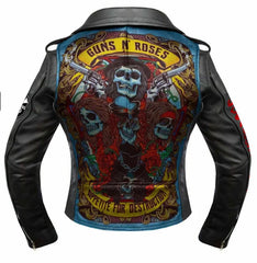 Women’s Gothic Punk Leather Jacket – Guns N’ Roses Patch, Shoulder Epaulettes, Brando Biker Fit with Waist Belt & Custom Festival Badge work