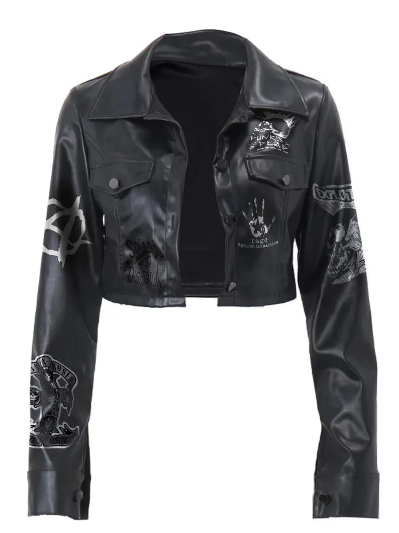 Women’s Black Leather Jacket – Handmade Patchwork Style with Spread Collar, Button Cuffs, Front Closure & Dual Back Patch Options