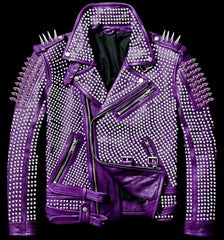 Women's Silver Studded Spiked Genuine Punk Purple Leather Belted Jacket