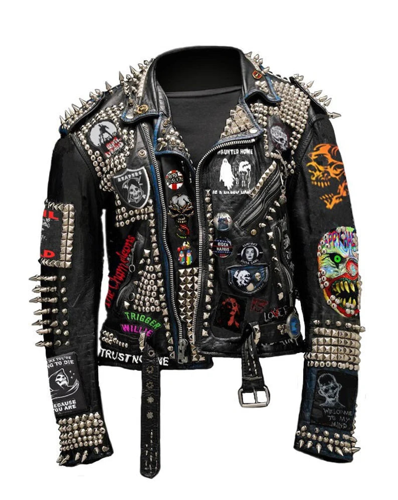 PunkSpiked Studs Patches Leather, Men Jacket, punk jacket, studded leather jacket, punk leather jacket, leather jacket men, studded jacket