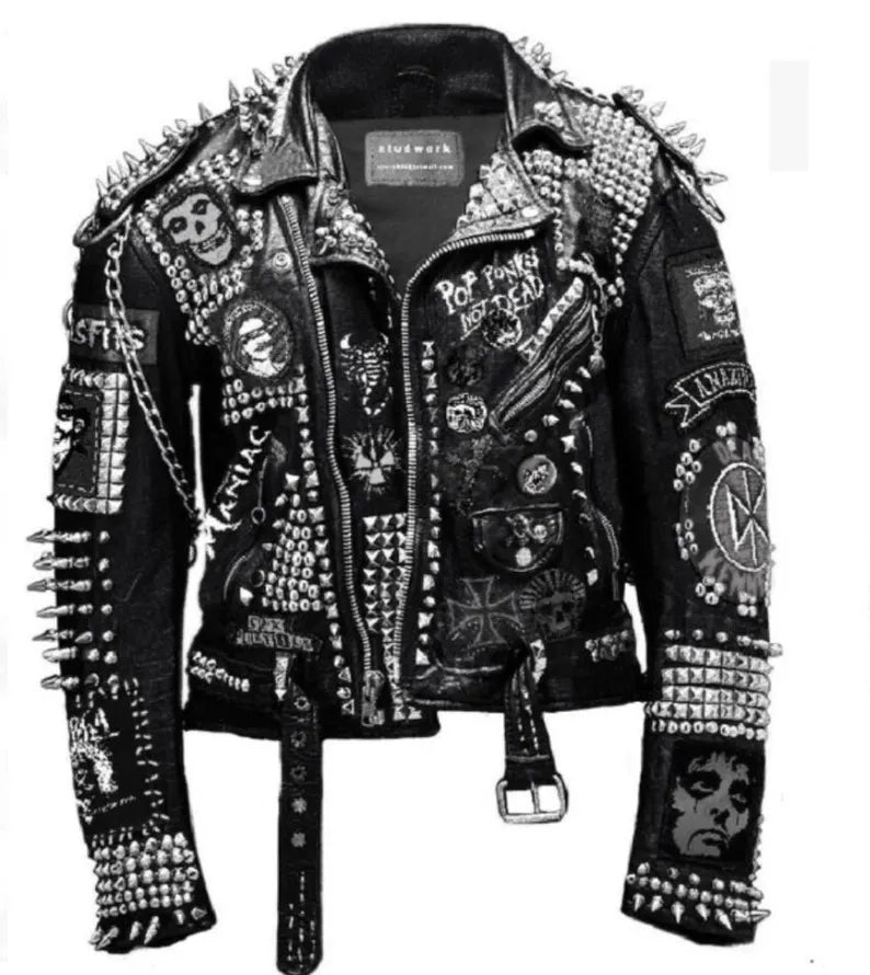Black and White Studded Leather Jacket Men, Steampunk Studded Jacket, Cowhide Leather Patchwork, Dead Kennedy Clothing, Skull Social Jacket,