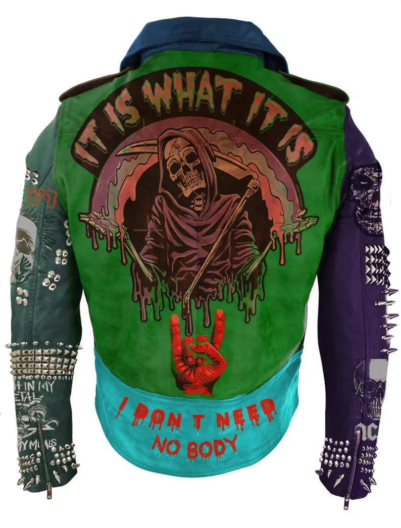 Dynamic Multicolor Leather Jacket Brando Style Bikers with Mixed Studs, Patches & Pin Button Badges