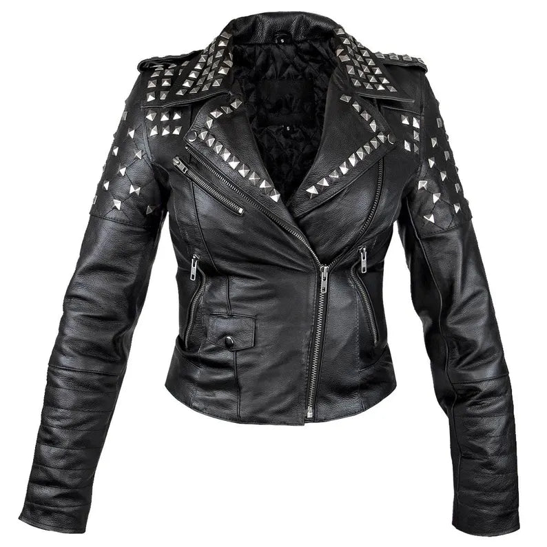 Custom Made Women’s Black Leather Jacket with Silver Pyramid Studs