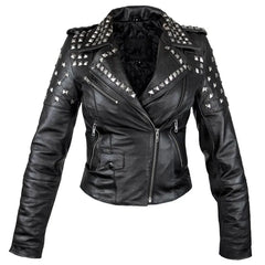 Custom Made Women’s Black Leather Jacket with Silver Pyramid Studs