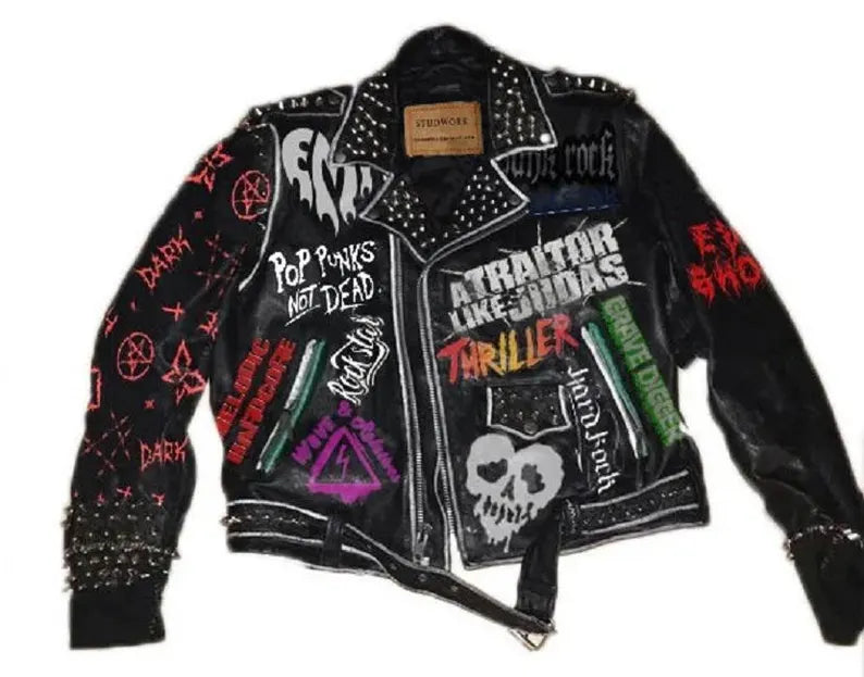 Pop Punks Not Dead Leather Jacket Men, Patches Studded Punk Leather Jacket for Men's Made with Cow Leather and Metal Solid studs and Spikes