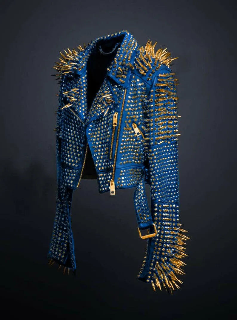 Inkstorm Blue Punk Leather Jacket – Men’s Custom Gothic Gangster Style with Golden Spikes, Brando Moto Fit & Waist Belt