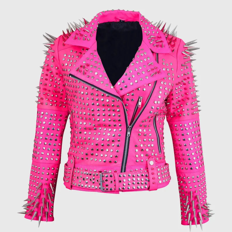 Men's Full SPIKED Punk Silver Long Spike Studded PINK Leather Brando Jacket