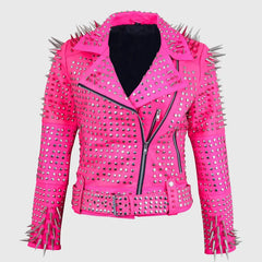 Men's Full SPIKED Punk Silver Long Spike Studded PINK Leather Brando Jacket