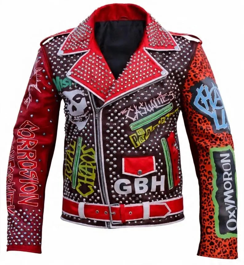 Crimson Anarchy Men’s Red Gothic Punk Leather Jacket with Conical Studs, Chaos Patches & Brando Biker Fury