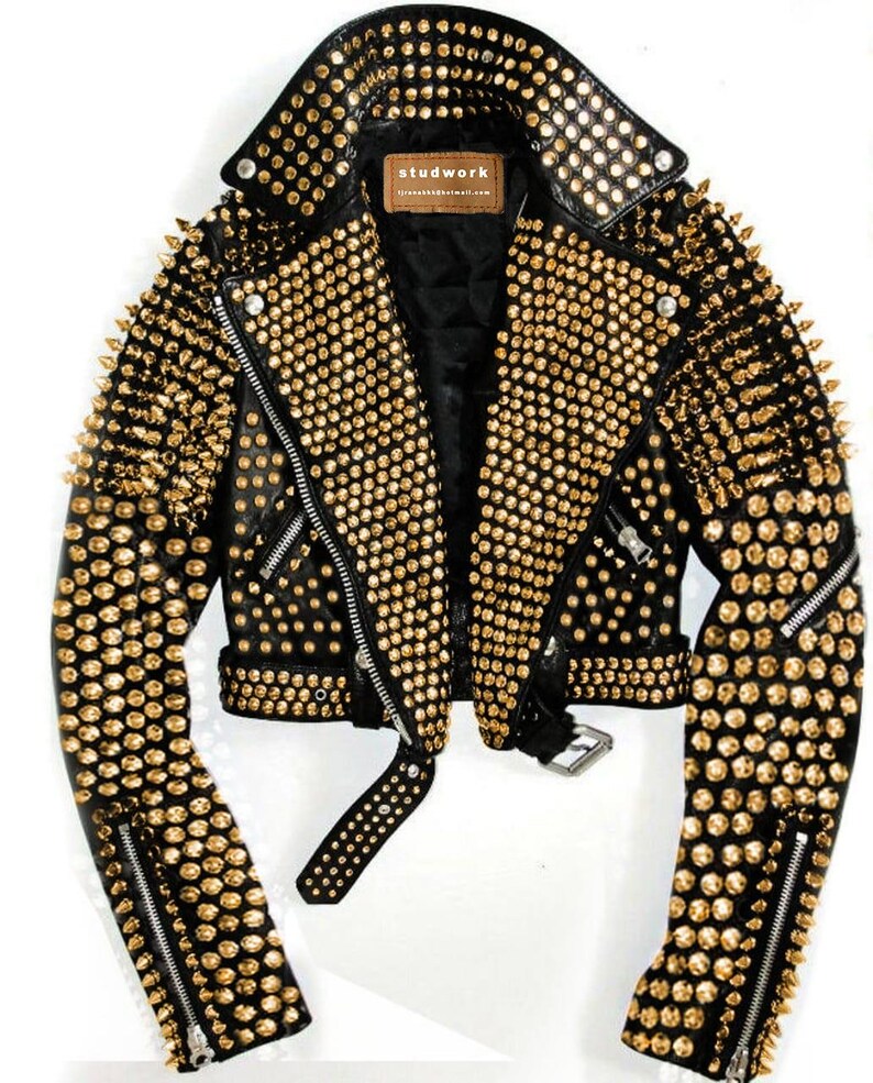 Custom Black Leather Jacket with Golden Studs | Handmade Rock & Roll Fashion | Statement Spiked Jacket | Punk, Goth, or Festival Wear