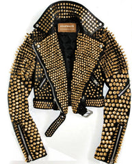 Custom Black Leather Jacket with Golden Studs | Handmade Rock & Roll Fashion | Statement Spiked Jacket | Punk, Goth, or Festival Wear