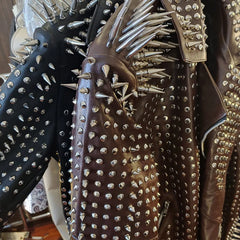 Rockers Mens Full Brown Punk Silver Long Spiked Studded Leather Brando Jacket