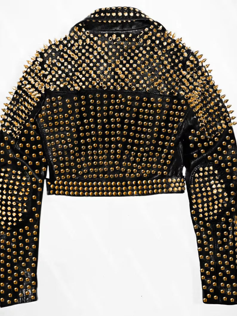 Women's Golden Biker Jacket with Studded Dome & Tree Spikes – Leather Motorcycle Jacket Punk hippie clothing Club wear
