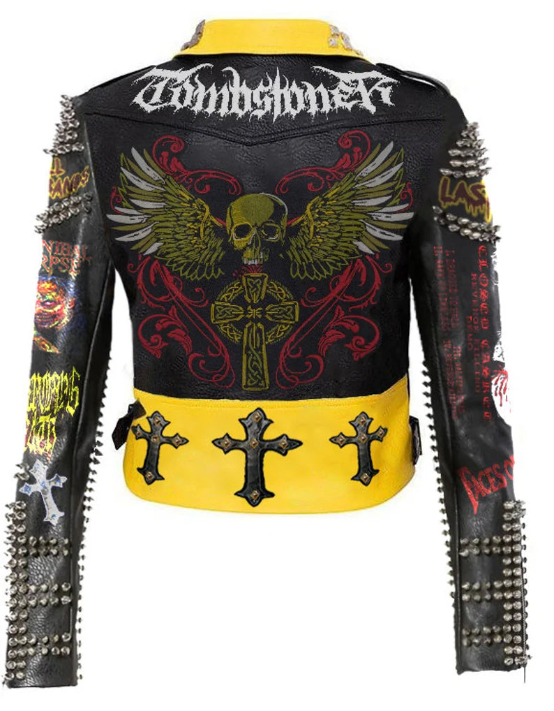 Biker's Silver Spiked Studded, Women's Club Wear Gothic Jacket, Cannibal Corpse Handmade Leather Outfit, Tombstone Patches Brando Jacket,
